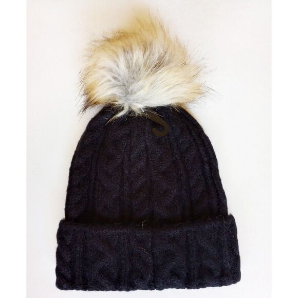 Marcus Adler NY Faux Fur Pom Pom Luxe Cable Knit Beanie Hat NWT $48 Black Gold - Picture 3 of 5
